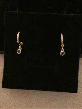 Gold Hoop Earrings with Teal Drop Accent
